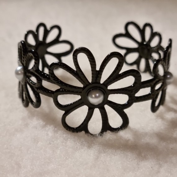 Scrunchie Svart Blomster m/perle