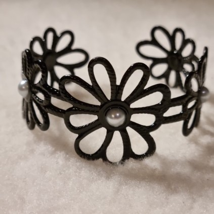 Scrunchie Svart Blomster m/perle